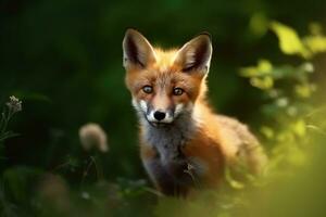 AI generated Fox cub in nature on summer forest background. Ai generated photo