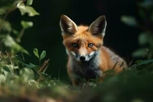 AI generated Fox cub in nature on summer forest background. Ai generated photo