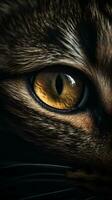 AI generated Closeup cat eye, portrait of animal on dark background. Ai generated photo