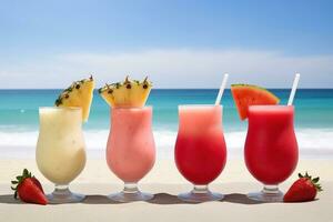 AI generated Milkshakes with fruits on the beach, summer vacation background. Ai generated photo