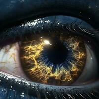 ai generado realista humano ojo con reflexión de galaxia, dorado iris. ai generado foto