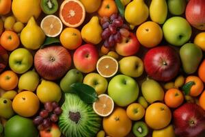 ai generado Fresco tropical frutas como antecedentes. parte superior ver de natural frutas, lleno pantalla imagen foto