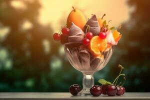 AI generated Ice cream decorated with fruits on the summer background photo