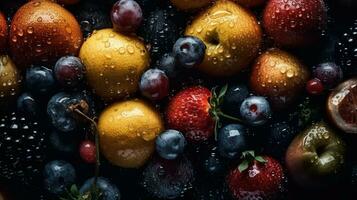 ai generado de cerca de Fresco frutas con agua gotas en oscuro antecedentes. sano comida concepto foto