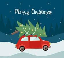 Vector Christmas and New Year card. Retro car with a Christmas tree on the roof. Template for greeting card, poster, banner, invitation design. Vector illustration.