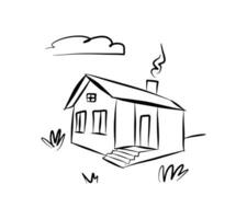 Doodle line art house. Vacation home, suburban area and hand drawn housing market branding vector illustration building estate line, house outline graphic.