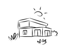 Doodle line art house. Vacation home, suburban area and hand drawn housing market branding vector illustration building estate line, house outline graphic.