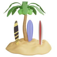 Surfboard on the beach clipart flat design icon isolated on transparent background, 3D render Summer and beach concept png