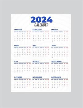 mensual calendario modelo para 2024 año. pared calendario en un minimalista estilo. semana empieza en domingo. planificador para 2024 año.2024 sencillo calandrar diseño. vector