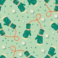 Mittens pair flat cartoon seamless pattern. Winter gloves and winter holiday concept. Hand drawn flat holiday symbol. Cute green mittens with stars and ornament. Trendy illustration for print and web vector