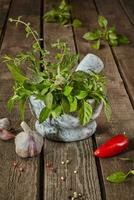 Aromatic herbs in mortar with pepper and garlic on wooden table photo