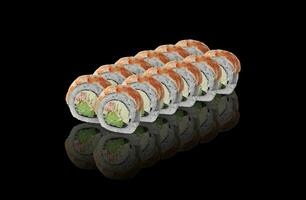 Rolls with tiger prawn on black background with reflection photo