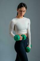 Sporty girl performing arm exercises with dumbbells on grey background photo