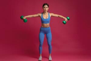 Girl performing dumbbell lateral raise on maroon background photo