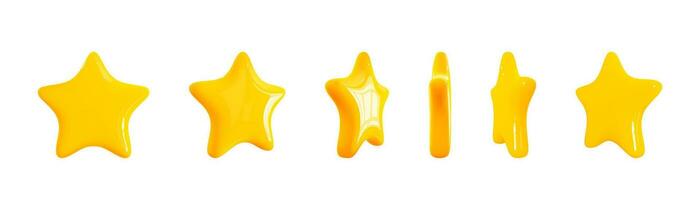 Set of glossy golden 3d stars realistic style rendering. Animation rotating yellow plastic icon stars isolated on white background. Vector illustration