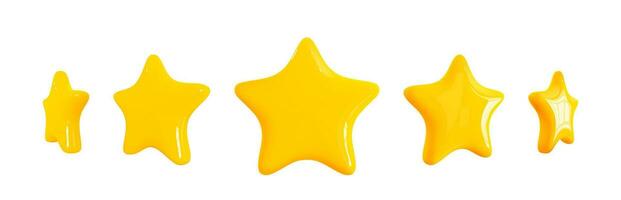 Five glossy golden 3d stars realistic style. Symbol icon design for game, ui, feedback, website. Yellow plastic stars isolated on white background. Vector illustration