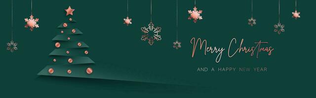 Green gold minimal Christmas banner design. Simple background, elegant geometric minimalistic style. Contemporary papercut luxury greeting backdrop  with merry xmas letters for web and advertising. vector