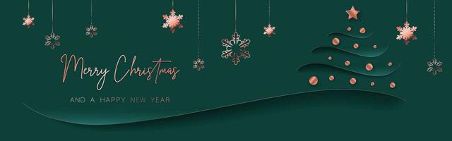 Green gold minimal Christmas banner design. Simple background, elegant geometric minimalistic style. Contemporary papercut luxury greeting backdrop  with merry xmas letters for web and advertising. vector