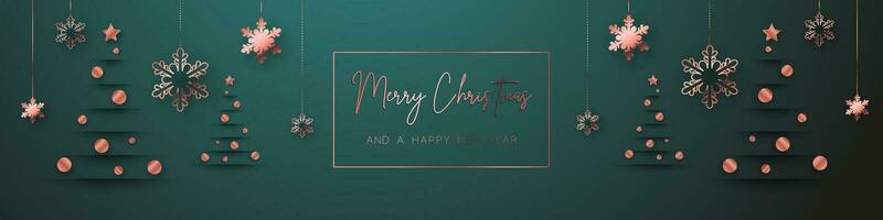 Green gold minimal Christmas banner design. Simple background, elegant geometric minimalistic style. Contemporary papercut luxury greeting backdrop  with merry xmas letters for web and advertising. vector