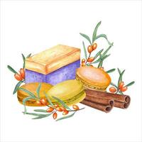 Yellow sweets surrounded by sea buckthorn branches and cinnamon sticks. Cake, macarons, berries vector