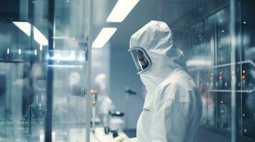 AI generated Worker in Protective Suit Working at Biotechnology Production Facility. FMCG, Clean Production Room photo