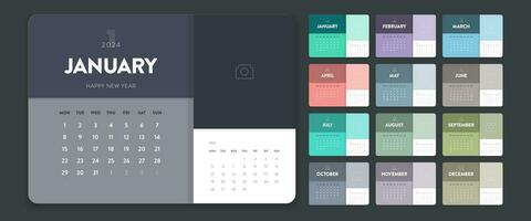 2024 Creative minimal business monthly Calendar template vector. Desk, wall calendar for print, digital calendar or planner. Week start on Monday. Simple modern annual calendar layout design elements. vector