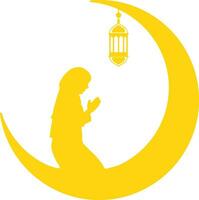 Muslim Woman Praying Inside Moon with Lantern Silhouette Illustration vector