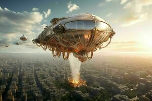 AI generated A majestic airship floats above a city its form photo