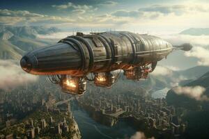 AI generated A majestic airship floats above a city its form photo