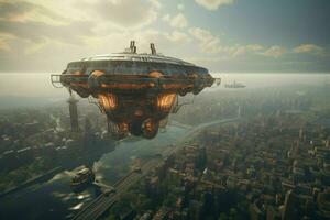 AI generated A majestic airship floats above a city its form photo