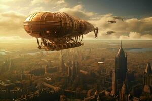 ai generado un majestuoso dirigible flotadores encima un ciudad sus formar foto