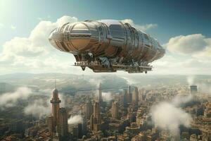 AI generated A majestic airship floats above a city its form photo