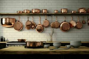 AI generated A minimalist kitchen with hanging copper pots photo