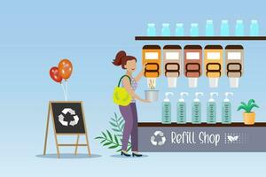 Refill shop, sustainable zero waste grocery store. Woman self refill cereals and grains from bulk dispenser in reusable container, Vector. vector