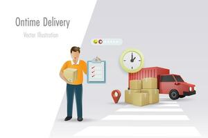 On time delivery. Delivery man holding shipment box and tracking paper with delivery truck and clock. Online shipment delivery and logistic distribution. Vector. vector