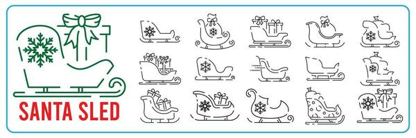 Sleigh icons set. Christmas Santa sled outline set of sleigh vector icons for web design isolated on white background. Happy New Year.