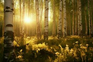 ai generado un dorado hora escena en un abedul árbol bosque foto