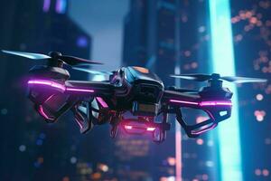 AI generated A racing drone navigates through neonlit photo