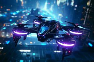 AI generated A racing drone navigates through neonlit photo