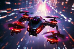 AI generated A racing drone navigates through neonlit photo