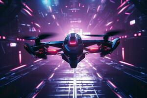 AI generated A racing drone navigates through neonlit photo