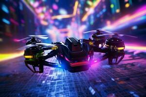 AI generated A racing drone navigates through neonlit photo