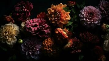 AI generated Flowers with drops of water dark moody romantic background. Close-up floral backdrop. Ai generated photo