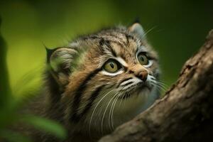 AI generated Manul cub in nature on summer forest background. Closeup animal portrait. Ai generated photo