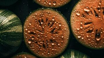 ai generado de cerca de melones con agua gotas en oscuro antecedentes. Fruta fondo de pantalla foto