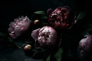 AI generated Peonies dark moody romantic background. Close-up floral card backdrop. Ai generated photo