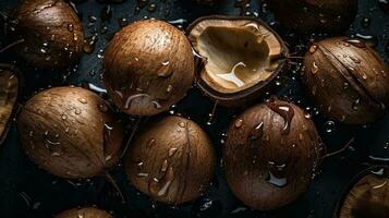 ai generado de cerca de Coco con agua gotas en oscuro antecedentes. Fruta fondo de pantalla foto