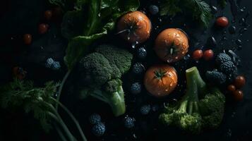 ai generado de cerca de Fresco vegetales con agua gotas en oscuro antecedentes. sano comida concepto foto