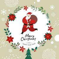Merry December Christmas wreath background with Santa Claus vector illustration.