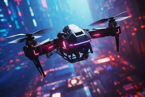 AI generated A racing drone navigates through neonlit photo